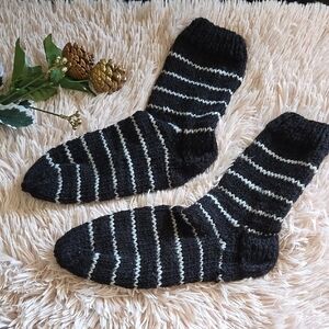Brand New Handknit Handmade Black and White Stripes Casual Knit Socks